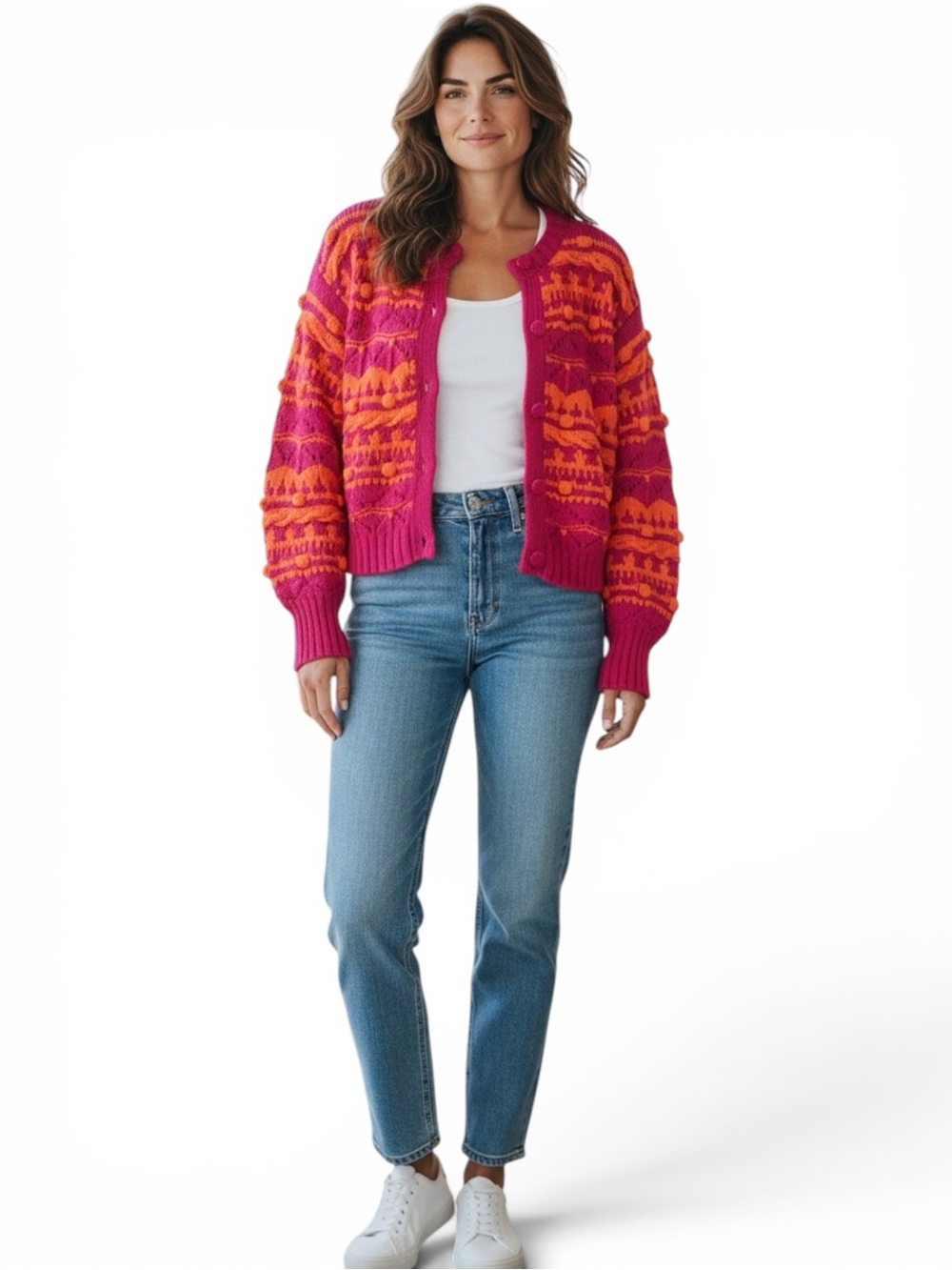 Zara Pink and Orange Jacquard
Pompom Knit Button-Down
Cardigan